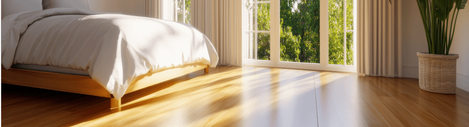 Schlafzimmer mit großem Fenster, Holzfußboden, hellen Wänden und einem ordentlich gemachten Bett.