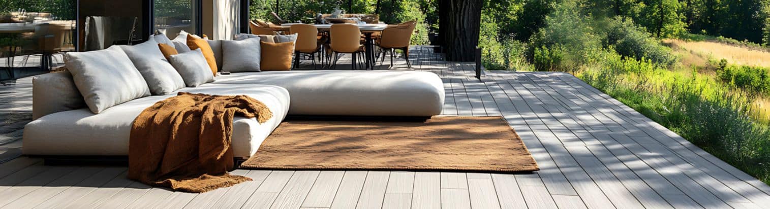 Große Terrasse mit hellen Terrassendielen im Sommer