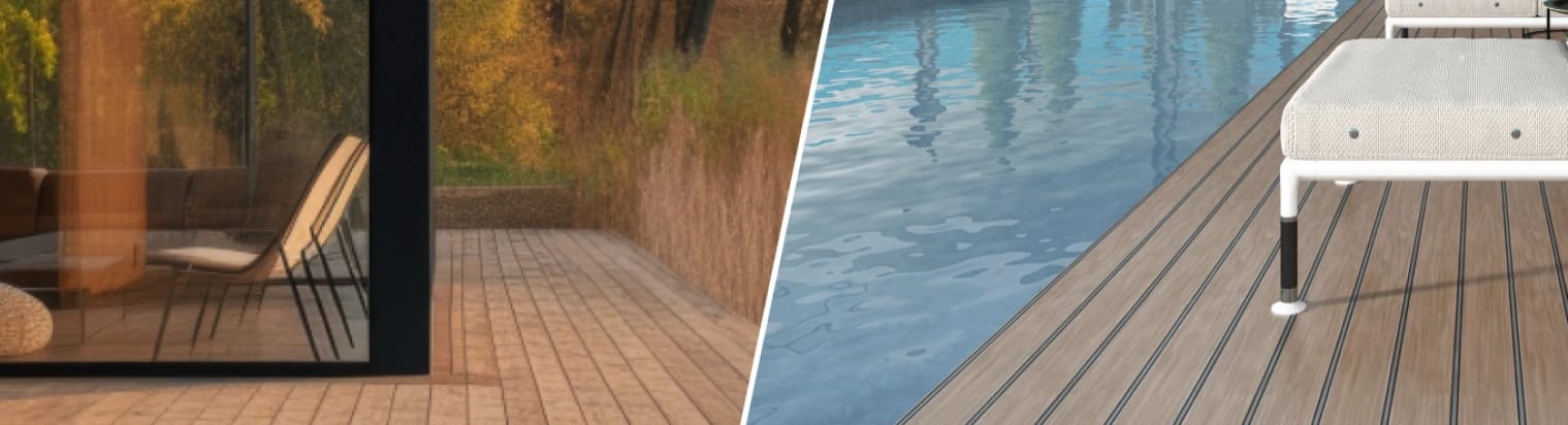 Das Bild zeigt eine Terrasse mit Außenstühlen, einen Pool und einen WPC-Belag am Wasser.