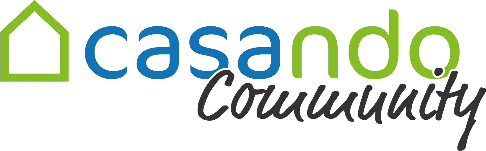 Grünes Hausumriss-Logo mit "casando Community" und Standard-Kit-Text in Blau und Grün.