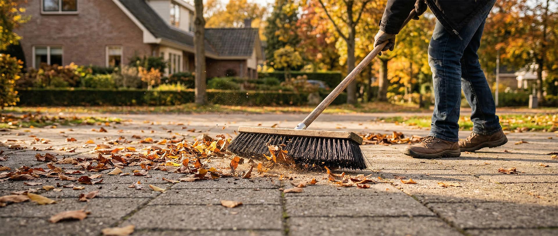 Terrasse die von einem Mann mit einem Besen gereinigt wird
